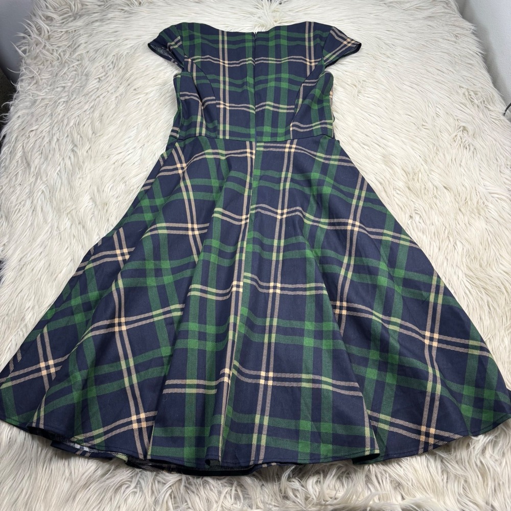 Pukavt Women's S Green Blue Beige Plaid Fit Flare Midi Dress Retro Twee Preppy